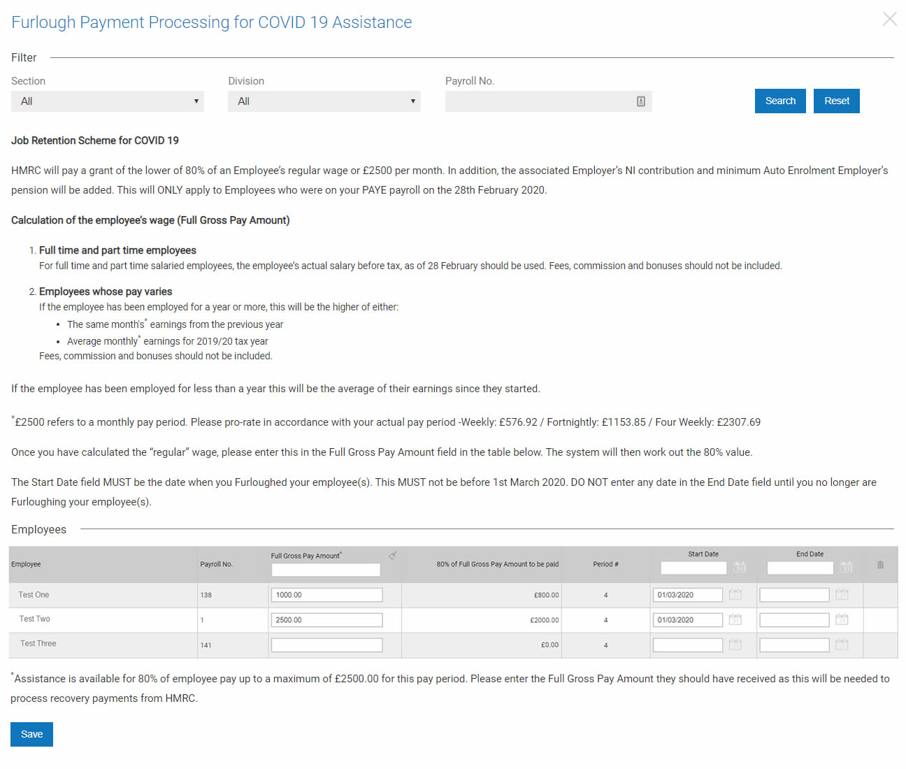 Furlough Payments Screen